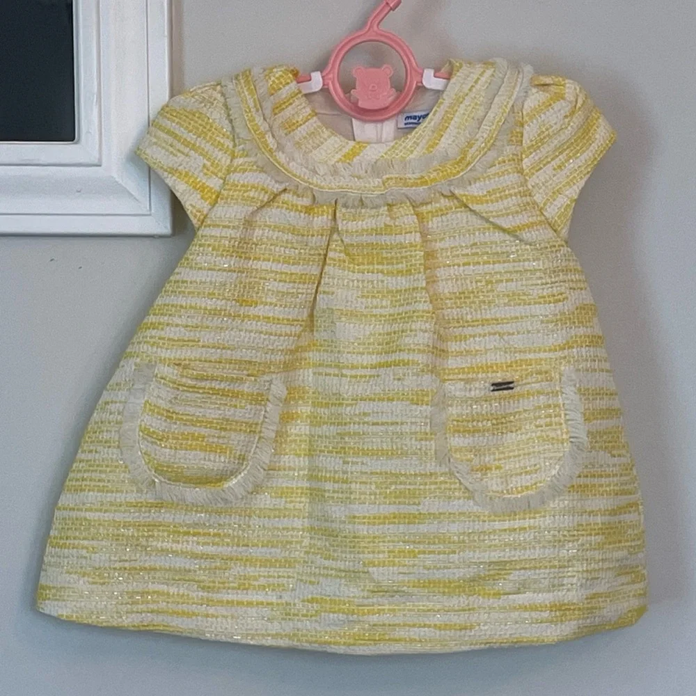 Mayoral Baby Girl Yellow And White Tweed Easter Dress Size 6 Months